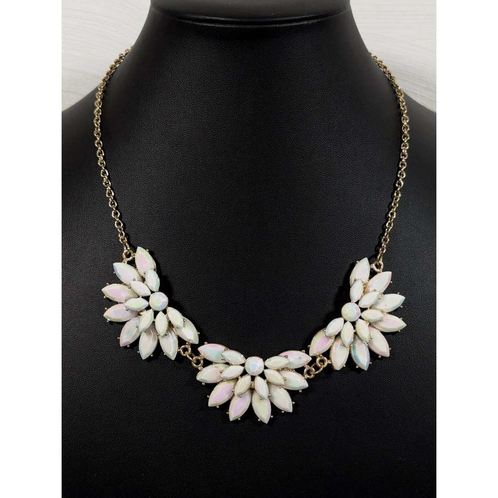 Beachy Coastal Boho Iridescent White Marquise Rhinestone Statement neckalce 19"